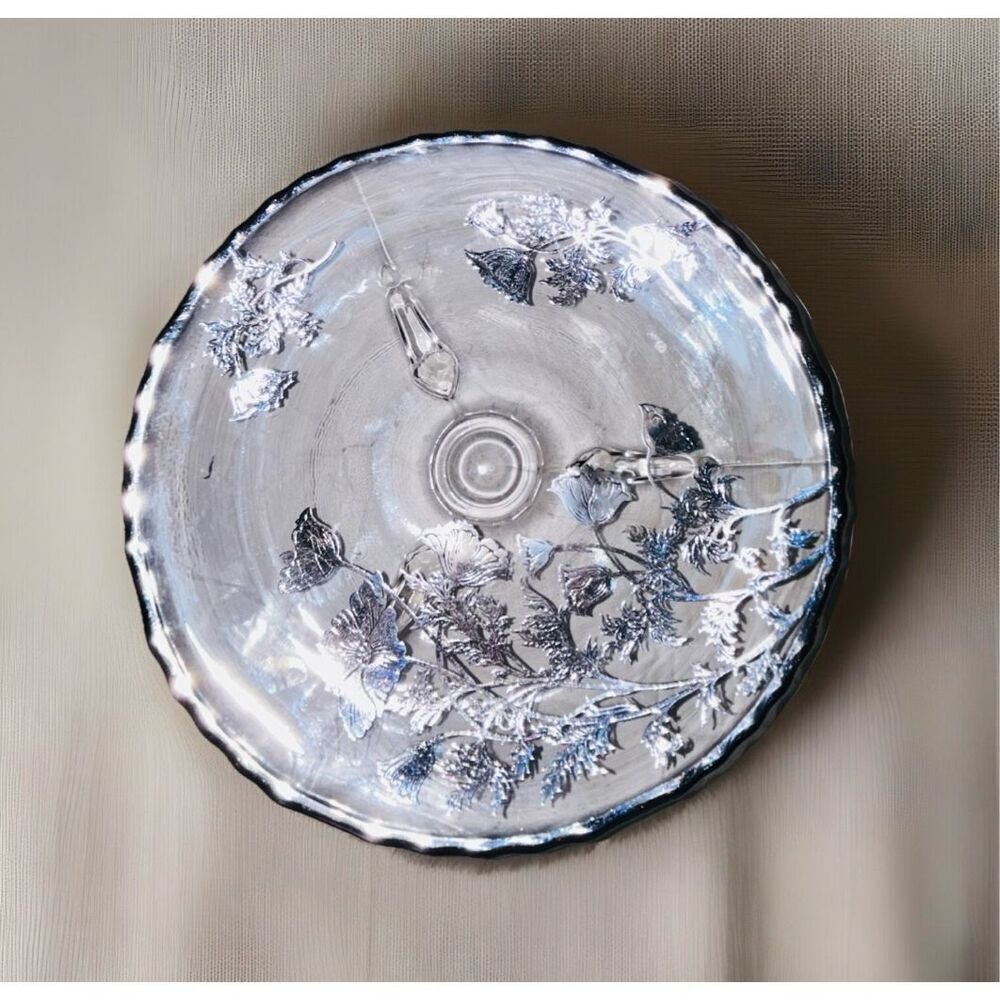 Vintage Silver City Glass Footed Dish With Floral Silver Overlay